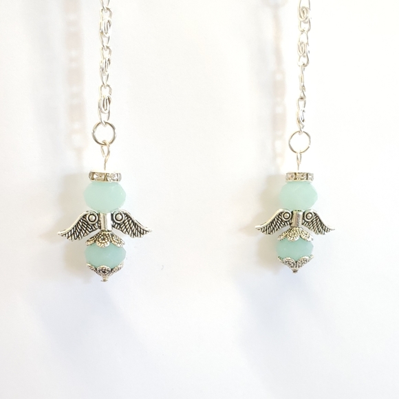 Handmade Frosted Blue Crystal Angel & Silver Chain Dangle Earrings - Picture 5 of 10